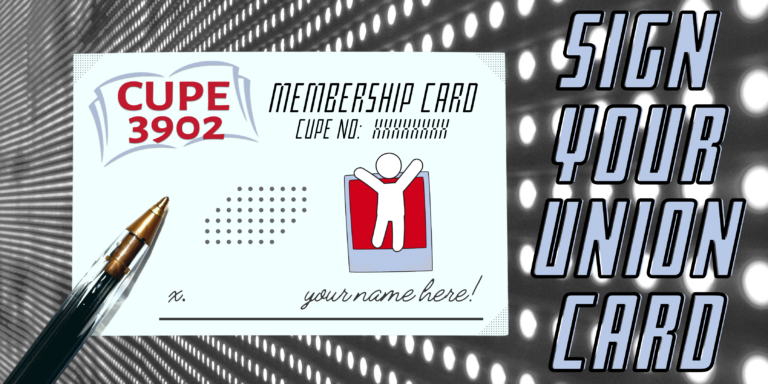 It's a membership card: with the 3902 logo and vector art of a polaroid and a figure jumping out. There's a signature line at the bottom that says "your name here!" Around it there's a photo of a pen on top and the title Sign Your Union Card"